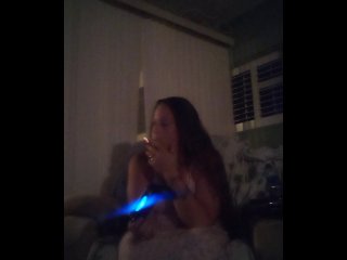 Gamer nerd girl playing video games and gets horny while she plays